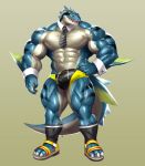  2020 3_toes abs anthro barazoku big_bulge big_muscles blue_body bulge claws clothing cuffs_(disambiguation) fin footwear grey_background hi_res kuroma loch_ness_monster male marine multicolored_body muscular muscular_anthro muscular_male necktie nessie open_mouth open_smile pecs quads sandals scalie sharp_teeth simple_background smile solo speedo striped_body stripes swimwear teeth toes two_tone_body vein veiny_muscles white_body 