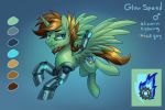  2020 3:2 beard blue_background brown_beard brown_mane brown_tail chest_tuft cutie_mark cybernetics cyborg english_text equid facial_hair fan_character feathered_wings feathers feral flying fur glow_speed green_body green_feathers green_fur green_wings hasbro hi_res horn jedayskayvoker looking_at_viewer machine male mammal mane model_sheet my_little_pony simple_background solo spread_wings text tuft winged_unicorn wings 