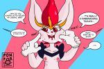  absurd_res anthro breasts cinderace dialogue disembodied_hand duo embarrassed english_text face_squish female female_focus flustered hi_res lagomorph leporid mammal nintendo nipples pok&eacute;mon pok&eacute;mon_(species) ponporio_(artist) small_breasts solo_focus squish text video_games 