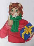  5_fingers anthro christmas clothed clothing felid fingers fur gesture gift green_eyes hair half-length_portrait hand_gesture hi_res holidays looking_at_viewer machairodontinae machairodontine machairodus_aphanistus male mammal portrait q-nik scarf scimitar_toothed_cat smile solo sweater thumbs_up topwear wasmundt_bierman 
