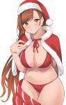  1girl arm_behind_back bangs beatrix_(granblue_fantasy) bikini breasts brown_eyes brown_hair capelet christmas curvy fur-trimmed_capelet fur-trimmed_headwear fur_trim granblue_fantasy grin highres large_breasts leaning_forward long_hair looking_at_viewer red_bikini red_capelet red_headwear red_nails renzu_(lens_02) simple_background skindentation smile solo swept_bangs swimsuit very_long_hair white_background 