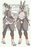  anthro anus big_breasts big_butt breasts butt capreoline cervid collar female genitals grey_body hi_res looking_back mammal nipple_piercing nipples nude piercing pubes pussy rear_view reindeer solo soybeansgalore 