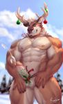 2020 abs absurd_res anthro antlers balls biceps blue_eyes blush bodily_fluids body_hair bottomwear brown_body brown_fur candy cane capreoline cervid christmas christmas_ornament clothing cum cumshot dessert ejaculating_cum ejaculation erection evergreen_tree facial_hair food food_in_mouth front_view fur genital_fluids genitals happy_trail hi_res holidays holly_(plant) horn humanoid_genitalia humanoid_penis looking_at_viewer male mammal mistletoe multicolored_body multicolored_fur muscular muscular_anthro muscular_male neck_tuft nipples nude one_eye_closed open_mouth outside pecs penis pine_tree pinup plant portrait pose presenting presenting_penis quads raytig12 reindeer ribbon_on_penis ribbons sky snow solo standing teeth three-quarter_portrait tree triceps tuft two_tone_body two_tone_fur white_body white_fur 