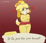  absurd_res animal_crossing anthro artmarshmallow blush canid canine canis dialogue domestic_dog english_text female genitals hi_res isabelle_(animal_crossing) mammal nintendo nipples pussy shy solo speech_bubble talking_to_viewer text video_games 