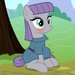  1:1 badumsquish blue_eyes blush clothed clothing equid equine erection erection_under_clothing eyeshadow feral friendship_is_magic frock gynomorph hair hasbro hi_res horse intersex makeup mammal maud_pie_(mlp) my_little_pony outside pony purple_eyeshadow purple_hair sitting solo 