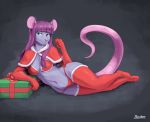  2020 absurd_res anthro breasts clothing female gift_box green_eyes hair hi_res mammal midriff murid murine navel panties pink_nose purple_body purple_hair rat rodent ruribec signature simple_background smile solo underwear 