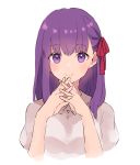  1girl absurdres bangs blush closed_mouth collared_dress cropped_torso dress eyebrows_visible_through_hair fate/stay_night fate_(series) grey_dress hair_ribbon hands_together hands_up highres interlocked_fingers long_hair looking_at_viewer lq_saku matou_sakura purple_eyes purple_hair red_ribbon ribbon smile solo upper_body white_background 