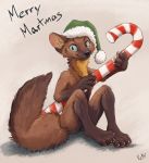  2020 anthro black_nose brown_body brown_fur christmas christmas_clothing christmas_headwear claws clothing english_text fluffy fluffy_tail fur hat hat_only headgear headgear_only headwear headwear_only hi_res holding_object holidays kebi kebi_(character) looking_at_viewer male mammal marten mostly_nude mustelid musteline pine_marten santa_hat simple_background sitting smile solo text toe_claws whiskers 