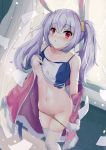  1girl :o absurdres animal_ears azur_lane bandaid bandaids_on_nipples bangs bare_shoulders blush breasts bunny_ears chinese_commentary collarbone commentary_request crossed_bangs curtains dutch_angle eyebrows_visible_through_hair fake_animal_ears from_above hair_between_eyes highres indoors jacket laffey_(azur_lane) lifted_by_self light_purple_hair long_hair looking_at_viewer navel no_pants off_shoulder open_mouth panties panty_pull pasties pink_jacket pulled_by_self red_eyes revision semisweet shirt_lift sidelocks small_breasts solo spaghetti_strap standing stomach thighhighs twintails underboob underwear undressing very_long_hair white_legwear window 