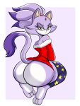  3:4 anthro better_version_at_source big_butt blaze_the_cat bottomless butt christmas christmas_clothing clothed clothing domestic_cat eulipotyphlan feet felid feline felis female fur half-closed_eyes hi_res holidays huge_butt kneeling legwear looking_at_viewer looking_back mammal narrowed_eyes nathanatwar partially_clothed purple_body purple_fur rear_view simple_background solo sonic_the_hedgehog_(series) thick_thighs wide_hips yellow_eyes 