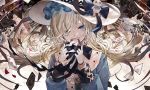  1girl arcaea black_bow black_neckwear blonde_hair blue_bow blue_eyes bow bowtie character_request chess_piece commentary_request cup gloves hair_over_one_eye hands_up hat hat_bow hat_ornament heart highres holding_playing_card king_(chess) knight_(chess) long_hair long_sleeves pawn_(chess) solo sun_hat teacup tsubaki_(yi) upper_body white_gloves white_headwear wilted_flower 