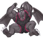  2020 abs anthro barazoku biceps big_muscles black_body bulge claws dragaux dragon hand_behind_head horn looking_at_viewer male muscular muscular_anthro muscular_male nintendo open_mouth open_smile pecs ring_fit_adventure scalie simple_background sitting smile soles solo tora_gy video_games white_background wings wrestling_singlet 