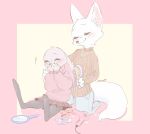 2020 anthro arctic_fox blush bottomwear canid canine clothed clothing disney duo eyes_closed female fox fully_clothed fur grey_body grey_fur hi_res inner_ear_fluff jewelry judy_hopps kneeling lagomorph leporid mammal memegmu necklace pants rabbit simple_background sitting skirt skye_(zootopia) smile sweater topwear tuft white_body white_fur zootopia 