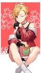  1girl absurdres black_clothes black_gloves blonde_hair bucket_of_chicken choker earrings gloves highres jacket jewelry midriff one_eye_closed open_clothes open_jacket original red_eyes red_jacket reiga_(act000) short_hair shorts sitting solo starry_background wiping_mouth 