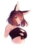  1girl animal_ear_fluff animal_ears bandeau bare_shoulders breasts calm_mashiro cleavage cleavage_cutout clothing_cutout cropped_torso hound_(sekaiju) large_breasts looking_at_viewer orange_eyes red_hair sekaiju_no_meikyuu sekaiju_no_meikyuu_5 short_hair simple_background smile solo strapless tubetop white_background 