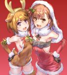  2girls :d animal_costume animal_ears antlers bare_shoulders black_gloves blush breasts brown_eyes brown_hair brown_hairband brown_legwear character_request cleavage commentary_request deer_ears deer_tail detached_sleeves dress fake_animal_ears fake_antlers fang fur-trimmed_dress fur-trimmed_hood fur-trimmed_legwear fur-trimmed_sleeves fur_trim gloves hairband hand_on_hip hood hood_up long_sleeves looking_at_viewer misaka_mikoto multiple_girls open_mouth purple_eyes raika9 red_background red_dress red_sleeves reindeer_antlers reindeer_costume simple_background small_breasts smile tail thighhighs to_aru_kagaku_no_railgun to_aru_majutsu_no_index twitter_username 