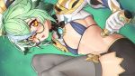  1girl animal_ears bikini bikini_top blush breasts garter_straps genshin_impact glasses gloves green_hair hat long_sleeves mikeymegamega open_clothes potion shorts small_breasts solo string_bikini sucrose_(genshin_impact) swimsuit thighhighs underboob yellow_eyes 