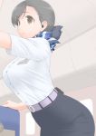  1girl belt black_hair blue_bow blue_headwear blue_skirt blush bow breasts brown_eyes closed_mouth eyebrows_visible_through_hair flight_attendant large_breasts long_hair original shirt short_sleeves skirt smile solo stewardess taito0630 uniform white_shirt 