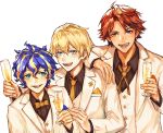  3boys ahoge alcohol astel_leda bangs blonde_hair blue_eyes blue_hair bow bowtie champagne champagne_flute collar collared_shirt cup dress_shirt drinking_glass fangs formal green_eyes hair_between_eyes handkerchief heterochromia hoja_(hoja1214) holding holding_cup holostars jacket kishido_temma lapel lapel_pin long_sleeves looking_at_viewer male_focus multicolored_hair multiple_boys necktie open_mouth red_hair shirt short_hair smile suit suntempo teeth tongue transparent_background upper_body vest virtual_youtuber white_jacket white_vest yellow_bow yellow_neckwear yukoku_roberu 