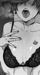  1boy 1girl bare_shoulders black_bra black_choker blush bra breasts breath choker cleavage collarbone dark_skin dark_skinned_male earrings erection greyscale hand_on_own_chest head_out_of_frame heavy_breathing hetero interracial jewelry korean_commentary large_breasts mole mole_under_mouth monochrome mr._skull nail_polish netorare open_mouth original out_of_frame penis penis_on_face penis_over_eyes queen_of_spades revision saliva spade_(shape) spade_earrings sweat testicles tongue tongue_out underwear 