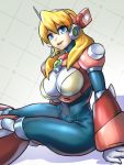  1girl alia_(rockman) android arm_support bangs blonde_hair blue_eyes breasts dgrp_(minhduc12333) eyebrows_visible_through_hair gloves hair_between_eyes headset highres large_breasts long_hair open_mouth robot_ears rockman rockman_x simple_background sitting smile solo white_gloves 