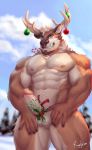  2020 abs absurd_res anthro antlers balls biceps blue_eyes body_hair bottomwear brown_body brown_fur candy cane capreoline cervid christmas christmas_ornament clothing dessert erection evergreen_tree facial_hair food food_in_mouth front_view fur genitals happy_trail hi_res holidays holly_(plant) horn humanoid_genitalia humanoid_penis looking_at_viewer male mammal mistletoe multicolored_body multicolored_fur muscular muscular_anthro muscular_male neck_tuft nipples nude open_mouth outside pecs penis pine_tree pinup plant portrait pose presenting presenting_penis quads raytig12 reindeer ribbon_on_penis ribbons sky snow solo standing teeth three-quarter_portrait tree triceps tuft two_tone_body two_tone_fur white_body white_fur 