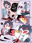  &lt;3 4_eyes anthro avian ball_gag bed bird blitzo_(vivzmind) book clothed clothing comic demon duo feathers furniture gag head_in_hands helluva_boss hi_res imp male male/male multi_eye owl pillow red_eyes smile sorisoru speach_bubble stolas_(vivzmind) 