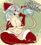  &lt;3 anthro areola big_breasts bottomless breasts christmas christmas_clothing christmas_headwear clothed clothing ear_piercing ear_ring english_text female genitals hat headgear headwear hi_res holidays legwear mature_female piercing pussy santa_hat slightly_chubby solo soybeansgalore text thick_thighs thigh_highs 