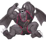  2020 abs anthro balls barazoku biceps big_muscles black_body bodily_fluids claws cum dragaux dragon erection genital_fluids genitals hand_behind_head horn humanoid_genitalia humanoid_penis looking_at_viewer male muscular muscular_anthro muscular_male nintendo open_mouth open_smile pecs penis ring_fit_adventure scalie simple_background sitting smile soles solo tora_gy vein veiny_penis video_games white_background wings wrestling_singlet 