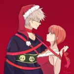  1boy 1girl alternate_costume bare_shoulders blue_eyes braid braided_ponytail breasts brown_hair chainsaw_man christmas christmas_sweater cleavage collarbone commentary crossover dress femdom gojou_satoru grey_hair hat height_difference hetero highres jujutsu_kaisen light_smile long_hair looking_at_another makima_(chainsaw_man) medium_breasts merry_christmas miyugenrose red_dress ribbon ringed_eyes santa_dress santa_hat smile sunglasses symbol-only_commentary yellow_eyes 
