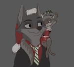  2020 anthro canid canine christmas christmas_clothing christmas_headwear clothed clothing dulledwolf duo female grey_background hat headgear headwear hi_res holidays larger_male male mammal necktie procyonid raccoon santa_hat shirt simple_background size_difference smaller_female smile topwear 