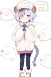  1girl alternate_costume animal_costume blush braid braided_ponytail drink full_body genshin_impact half-closed_eyes hat horns jacket jiangshi long_sleeves looking_at_viewer purple_hair qiqi sheep sheep_costume sheep_horns smile solo yinpa_(wanone500511) 