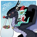  ambiguous_gender anthro braver_(character) christmas clothing costume disaster_dragon dragon duo english_text feral gift hi_res holidays kobold mask scalie text vavacung weapon wings 