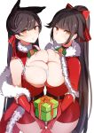  2girls absurdres animal_ears atago_(azur_lane) azur_lane bangs bell bell_choker belt bikini black_hair blush bow box breast_press breasts capelet choker cleavage dog_ears dress elbow_gloves fur_trim gift gift_box gloves hair_bow hair_flaps highres large_breasts long_hair looking_at_viewer mole mole_under_eye multiple_girls pnatsu ponytail red_dress red_gloves red_legwear santa_costume short_dress simple_background swimsuit symmetrical_docking takao_(azur_lane) thighhighs white_background white_bikini yellow_eyes 