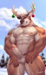 2020 abs absurd_res anthro antlers balls biceps blue_eyes body_hair bottomwear brown_body brown_fur candy cane capreoline cervid christmas christmas_ornament clothing dessert erection evergreen_tree facial_hair food food_in_mouth front_view fur genitals happy_trail hi_res holidays horn humanoid_genitalia humanoid_penis looking_at_viewer male mammal multicolored_body multicolored_fur muscular muscular_anthro muscular_male neck_tuft nipples nude open_mouth outside pecs penis pine_tree pinup plant portrait pose presenting presenting_penis quads raytig12 reindeer sky snow solo standing teeth three-quarter_portrait tree triceps tuft two_tone_body two_tone_fur white_body white_fur 