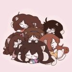  1:1 blush brown_hair canid canine clothed clothed_feral clothing dog_pile eyes_closed felid feline feral fur group hair low_res mammal simple_background sumechiayuu tem temmie_(undertale) undertale video_games white_body white_fur 