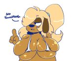  2020 4_fingers anaugi anthro areola areola_slip big_breasts bikini bikini_top blonde_hair breasts brown_body brown_fur canid canine canis clothed clothing dialogue domestic_dog ello_(anaugi) english_text female fingers fur hair hair_over_eye half-closed_eyes hi_res long_hair mammal narrowed_eyes one_eye_obstructed open_mouth ponytail simple_background solo swimwear text tight_clothing white_background 