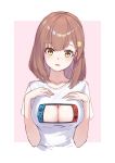  1girl bangs blush border breast_focus breasts brown_eyes brown_hair cleavage cleavage_cutout clothing_cutout collarbone commentary_request cropped_torso framed hair_ornament hairclip han_(ozrfour) hands_on_own_chest hands_up highres large_breasts looking_at_viewer medium_hair nanami_(virtuareal) nintendo_switch no_bra outside_border parted_lips pink_background print_shirt shirt short_sleeves simple_background smile smiley_face solo t-shirt upper_body virtuareal white_border white_shirt yellow_eyes 