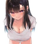  1girl bangs bent_over black_hair blurry blush breasts calm_mashiro cleavage closed_mouth collarbone commentary_request depth_of_field downblouse eyebrows_visible_through_hair hair_ornament hairclip hanging_breasts long_hair no_pants original panties purple_eyes shirt short_sleeves signature simple_background smile smug solo underwear white_background white_panties white_shirt 