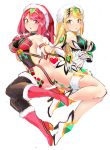  2girls blonde_hair breasts christmas gloves heart highres jewelry large_breasts leotard long_hair multiple_girls mythra_(xenoblade) pyra_(xenoblade) red_eyes red_hair short_hair skindentation thick_thighs thighs tim_(a9243190a) xenoblade_chronicles_(series) xenoblade_chronicles_2 yellow_eyes 