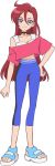  1girl artist_request black_neckwear blue_footwear blue_pants choker closed_mouth full_body hair_between_eyes hand_on_hip highres legs long_hair looking_at_viewer official_art pants precure purple_eyes red_hair red_shirt sandals shirt simple_background smile solo standing takizawa_asuka tropical-rouge!_precure white_background white_shirt 