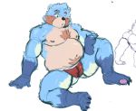  2020 anthro belly black_nose blue_body blue_fur brown_body brown_fur clothing fur jockstrap male mammal moobs navel nipples overweight overweight_anthro overweight_male simple_background sitting sketch solo suriruxi underwear ursid white_background 