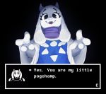  anthro black_background black_eyes boss_monster bovid caprine clothing cthonicus dialogue dress female goat hi_res looking_at_viewer mammal meme my_little_pogchamp pogchamp simple_background solo spread_arms talking_to_viewer text toriel undertale video_games white_body 