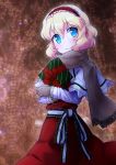 1girl adapted_costume alice_margatroid blonde_hair blue_eyes blurry bokeh box capelet christmas_present depth_of_field dress gift gift_box gloves happy highres holding holding_gift ikamagu looking_to_the_side scarf smile solo touhou 