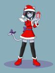  3:4 :3 anthro armwear christmas christmas_clothing christmas_headwear clothing detached_sleeves domestic_cat dress fake_wings felid feline felis female hat headgear headwear hi_res holidays layla_(nivek15) legwear looking_at_viewer mammal nivek15 ribbons santa_hat solo stockings tail_ribbon 