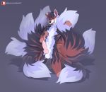  anthro balls canid canine danomil erection fluffy fluffy_tail fox genitals hi_res knot male mammal mercury mercury_(mercuryf0x) multi_tail penis pinup pose solo tail_grab tail_hug text tongue tongue_out url 