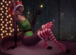  2020 absurd_res anthro brown_body brown_fur brown_hair canid canine chest_tuft christmas christmas_clothing christmas_headwear christmas_lights clothed clothing crossdressing digital_media_(artwork) digital_painting_(artwork) footwear foshka fur girly hair hat headgear headwear hi_res holidays knee_highs knee_socks legwear leotard licoricefairy male mammal maned_wolf multicolored_body multicolored_fur multicolored_hair night on_ground pattern_clothing pattern_legwear pattern_socks santa_hat snow snowing socks solo sparkler striped_clothing striped_knee_socks striped_legwear striped_socks stripes tan_body tan_fur tan_hair tuft window 