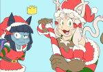  anthro candy candy_cane christmas christmas_clothing christmas_headwear clothing crown deeznutterbutts dessert domestic_cat duo felid feline felis female female/female food gift hat headgear headwear holidays looking_at_viewer mammal santa_hat size_difference smile smiling_at_viewer 