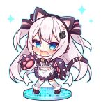  1girl anchor_hair_ornament animal_ears apron azur_lane bangs black_footwear black_gloves black_skirt blue_eyes blue_outline blush cat_ears cat_tail chibi commentary_request crop_top eyebrows_visible_through_hair fake_animal_ears fang full_body fur-trimmed_gloves fur_trim gloves hair_ornament hammann_(azur_lane) long_hair looking_at_viewer midriff navel open_mouth outline paw_gloves paws pleated_skirt ryuuka_sane silver_hair skirt solo sparkle standing sweat tail tail_raised thighhighs two_side_up v-shaped_eyebrows very_long_hair waist_apron wavy_mouth white_apron white_background white_legwear 