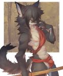  2019 4040tinta anthro black_body black_fur black_hair bottomwear bulge canid canine canis claws clothing fangs fur hair hi_res holding_object inner_ear_fluff kemono loincloth looking_at_viewer male mammal neck_tuft nipples open_mouth pink_nipples scar solo tan_body tan_fur tuft wolf 